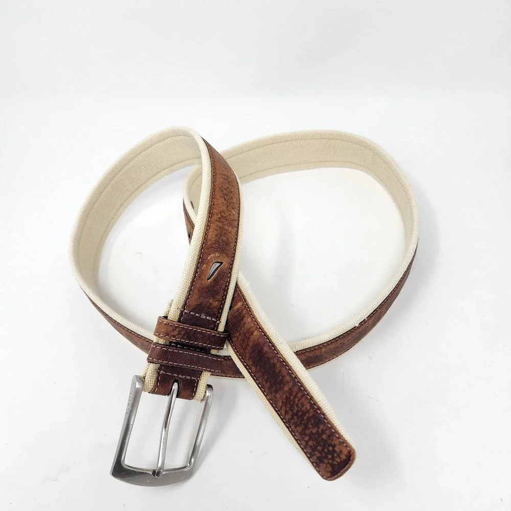 Nautica O (Oscar) Brown Leather and Canvas Belt Men's SIZE 38